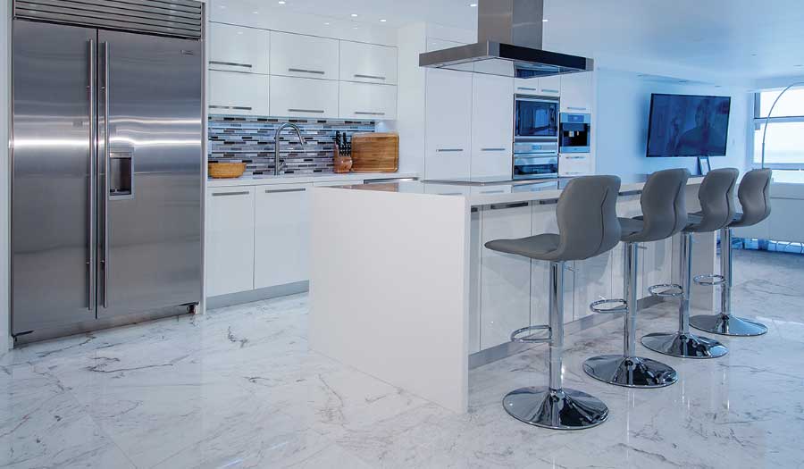 Arctic Snow Quartz Kitchen Countertop and White Himalaya Spider Marble Floors