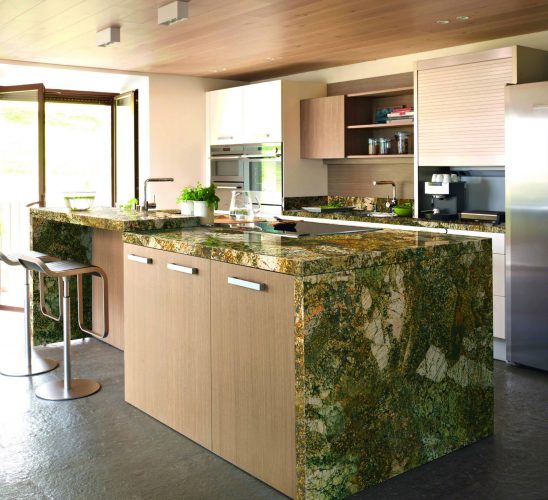 Green Kitchen Waterfall Island Countertop - Kamarika Granite