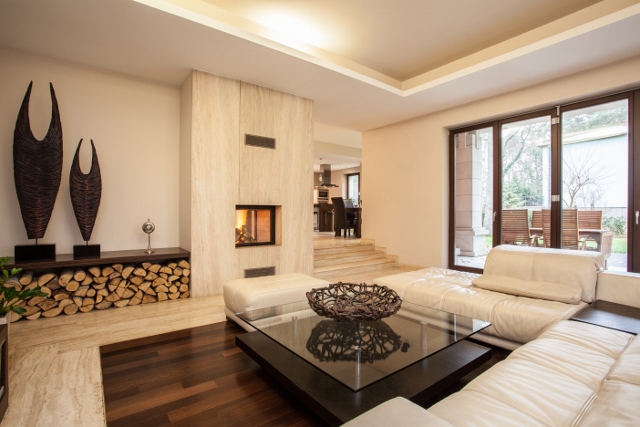 Stone tile and wood floor in living room